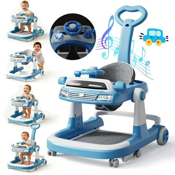 WonderStone 6 in 1 Baby Walker, Height-Adjustable Push Walker with Music & Light Toys, Baby Bouncer, Baby Activity Center for Boy Girl 6-18 Months (Blue)