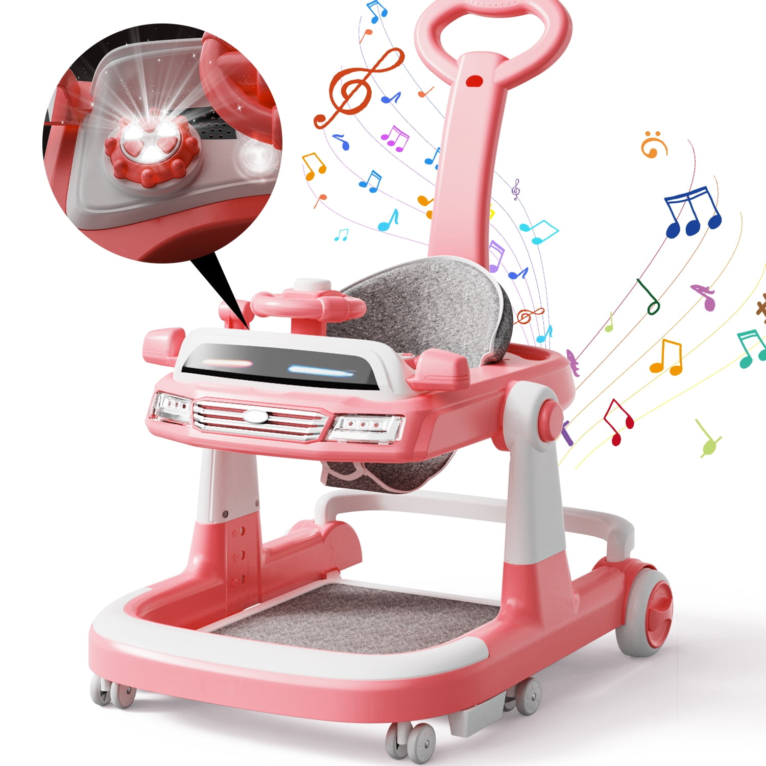 WonderStone 6 in 1 Baby Walker, Height-Adjustable Push Walker with Music & Light Toys, Baby Bouncer & Activity Center for Boys and Girls 6-18 Months (Pink)