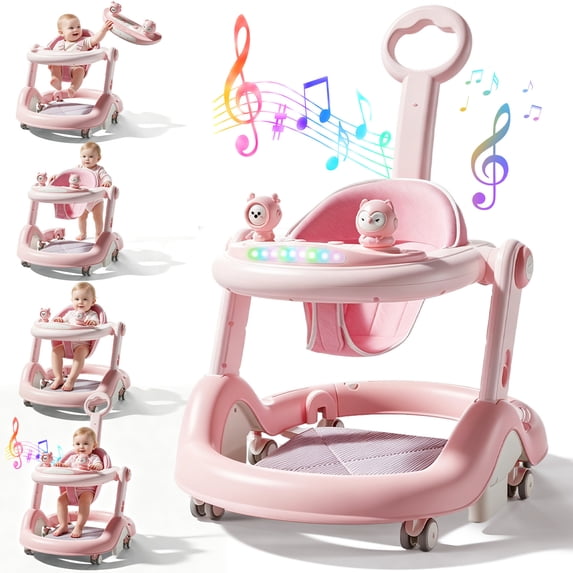 WonderStone 6 in 1 Baby Walker, Height-Adjustable Push Walker with Music & Light Toys, Baby Bouncer & Activity Center for Boys and Girls 6-18 Months (Pink)