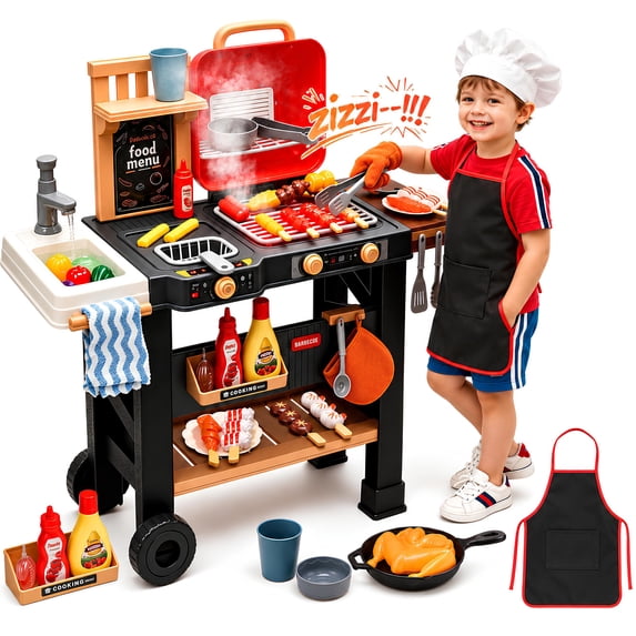 WonderStone 63 PCS BBQ Grill Playset, Outdoor Play Kitchen with Movable Wheels & Play Sink, Pretend Play Toy with Smoke, Sound & Light, Cooking Toys for Toddlers Ages 3–6