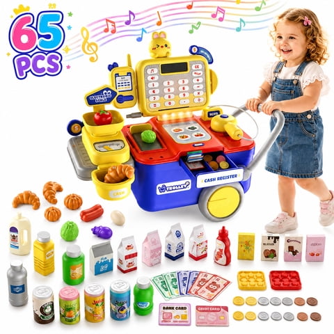 WonderStone 65pcs Cash Register for Kids, Pretend Play Store with Smart Item Recognition, Electronic Shopping Cart with Voice Reporting, Play Food & Money, Learning Toy for Toddlers 3+, Red