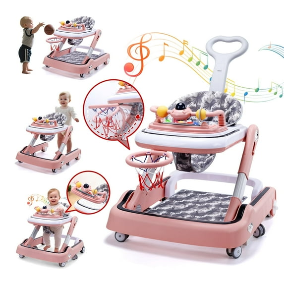 WonderStone 7 in 1 Baby Walker, Foldable Push Walker with Wheels and Mini Basketball Hoop, Music & Light, Baby Bouncer & Activity Center for Boys and Girls 6-12 Months (Pink)