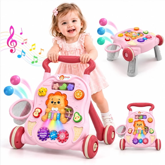 WonderStone 7-in-1 Baby Push Walker, Sit-to-Stand Baby Activity Center with Music & Lights, Educational Learning Toy for Boys and Girls Ages 6–18 Months, Pink