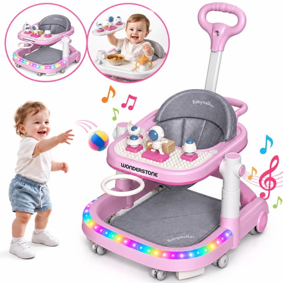 WonderStone 7-in-1 Baby Walker, Foldable Baby Activity Center with Mini Basketball Hoop, Music & Lights, Baby Bouncer Jumper Learning Toy for Boys and Girls Ages 6–12 Months (Pink)