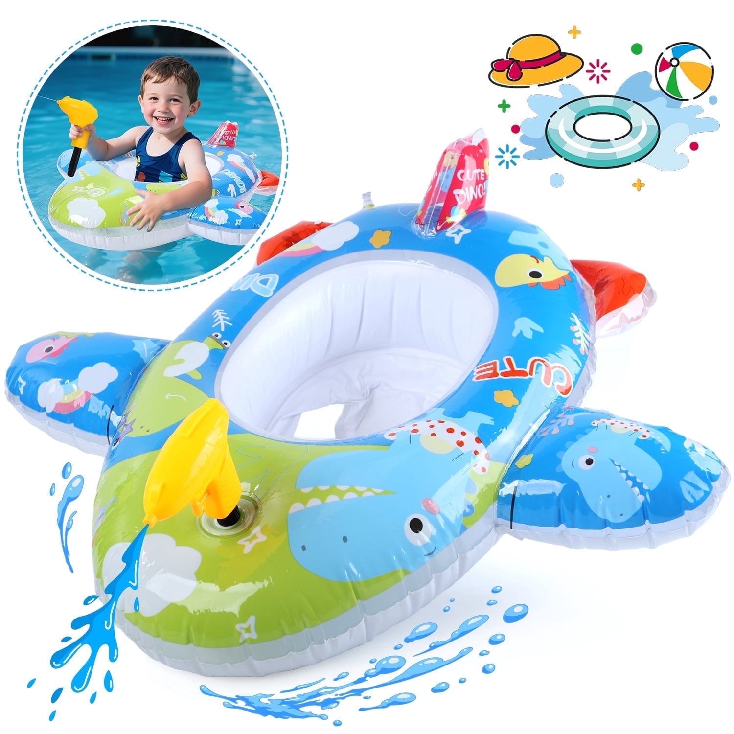 WonderStone Airplane Baby Pool Float with Squirt Water Gun, Inflatable Swimming Float with Safety Seat, Water Toy for Kids Ages 1-5, Pool & Beach Toy for Boys and Girls, Blue
