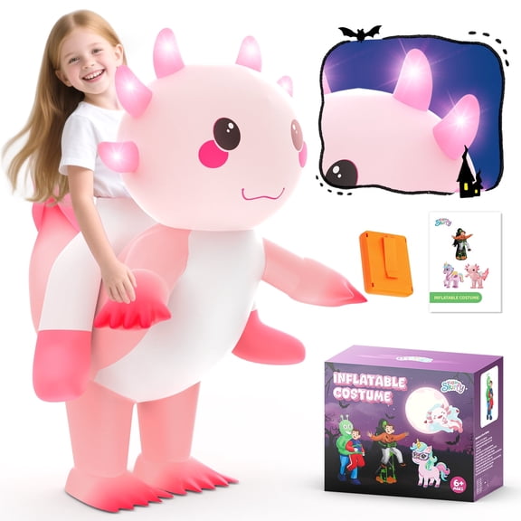 WonderStone Axolotls Inflatable Costume with LED Lights, Halloween Ride-on Costume, Blow-Up Dragon Onesie for Cosplay Party, Suitable for Kids Ages 7-12