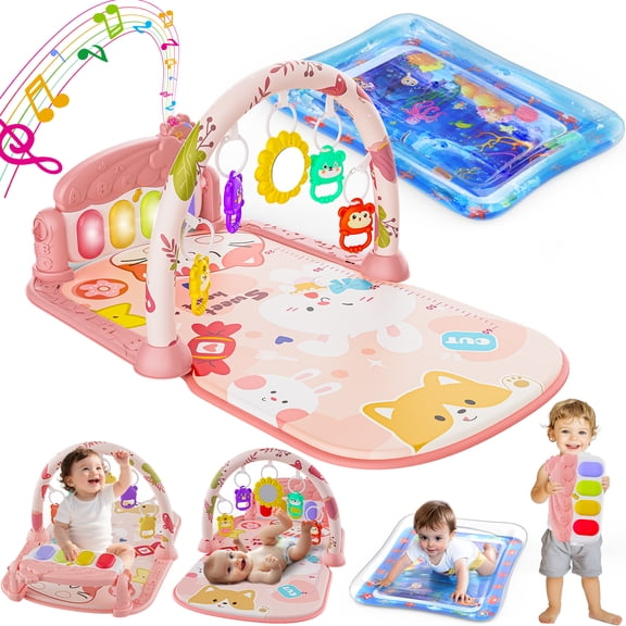 WonderStone Baby Gym Playmat for Infant,Tummy Time Water Mat with 5 Infant Sensory Baby Toys & Musical Piano Activity for 0-36 Months Boys Girls,Pink