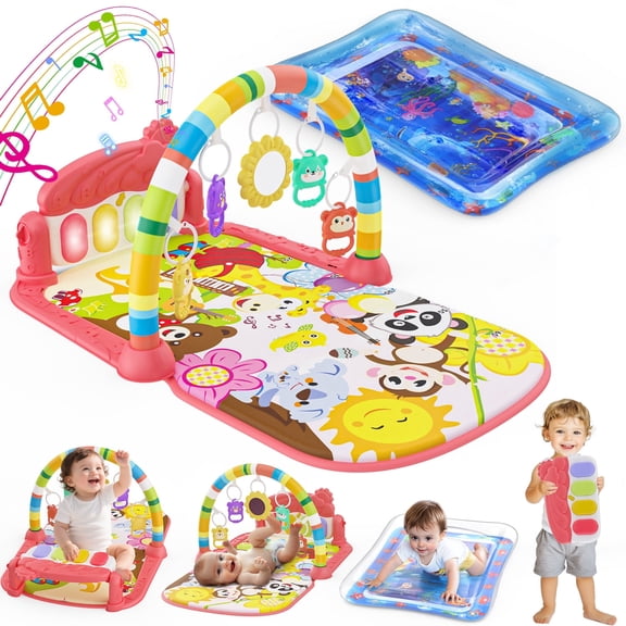 WonderStone Baby Gym Playmat for Infant,Tummy Time Water Mat with 5 Infant Sensory Baby Toys & Musical Piano Activity for 0-36 Months Boys Girls,Red