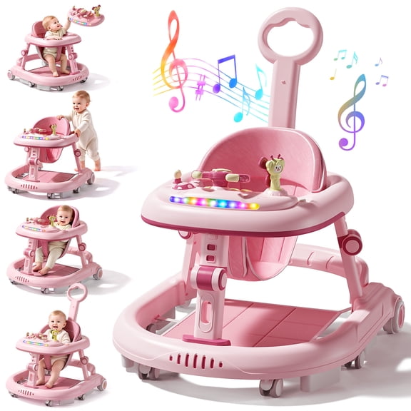 WonderStone 6 in 1 Baby Walker with Steering Wheel, Adjustable Seat and Height, Music & Light,Walkers and Activity Center for Boys and Girls 6-24 Months (Pink)
