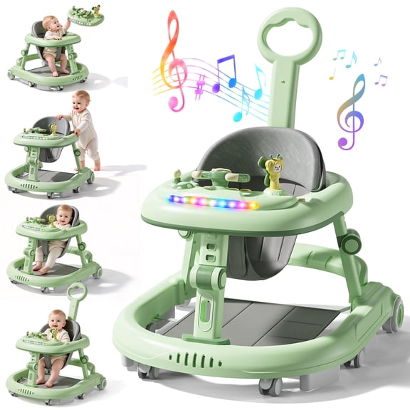 WonderStone Baby Walker with Steering Wheel, Adjustable Seat and Height, Walkers with Music & Light, Activity Center for Boys and Girls 6-24 Months (Green)
