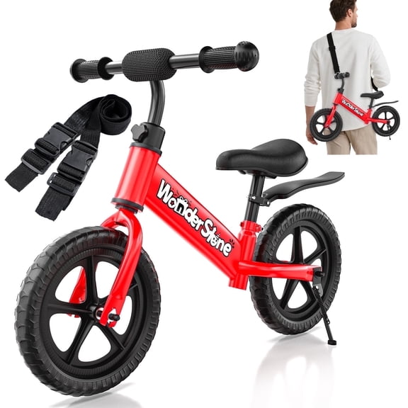 WonderStone 12" Toddler Balance Bike with Adjustable Seat & Handlebar, No-Pedal Kids Bicycle for Walking Balance Training, Christmas & Birthday Gifts for Boys and Girls Ages 1–3, Red