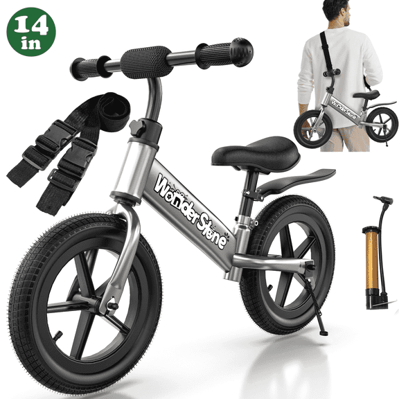WonderStone 14" Inflatable wheel Toddler Balance Bike with Adjustable Seat & Handlebar, No-Pedal Kids Bicycle for Walking Balance Training, Gifts for Boys and Girls Ages 1–3, Silver