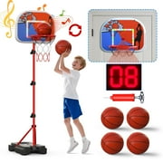 WonderStone Basketball Hoop for Kids with Electronic Scoreboard & LED Lights, Adjustable Height 3.6ft-6.2ft, Includes 4 Balls, Basketball Goal for Indoor Outdoor Play, Boy Toys Gift for Ages 4-8