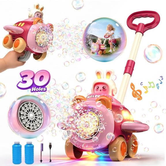 WonderStone 30-Hole Rechargeable Bubble Machine for Toddlers, Push & Handheld Bubble Lawn Mower with Lights & Music, Summer Outdoor Toys for Toddlers 1–3, Rabbit