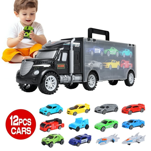 WonderStone Carrier Truck Toys for ages 2-7, Portable & Double Side Storage Toy with 12 Race Cars, Birthday Gifts for kids