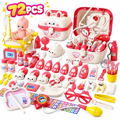 WonderStone Dentist Play Set , 60PCS Pretend Play Doctor Kit with Doll, Realistic Role-Playing Toys for Toddlers 3-5,Pink