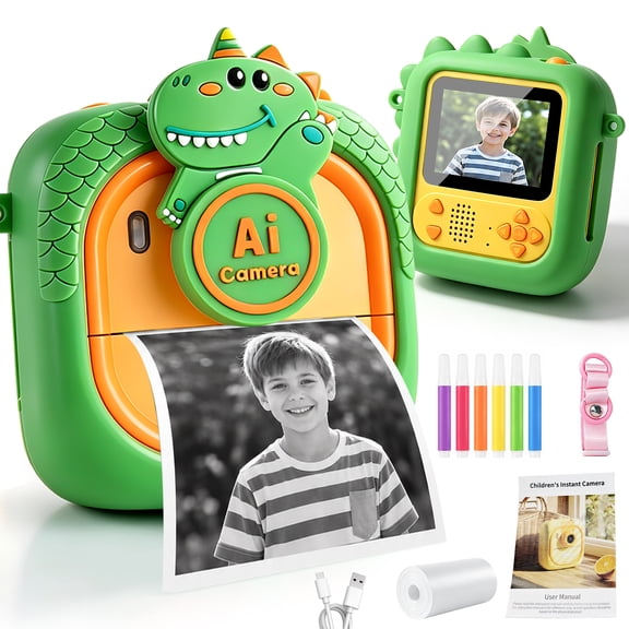WonderStone Dinosaur Kids Instant Print Camera, 48MP AI Digital Camera for Kids, Selfie Camera Gift for Ages 3-12
