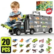 WonderStone Dinosaur Carrier Truck Toy, 20-Pcs Dinosaur Transport Car with Slide Track & Double-Sided Storage, Gift for Boys Ages 3+