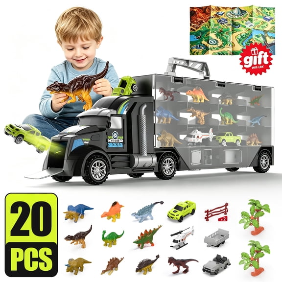 WonderStone Dinosaur Carrier Truck Toy, 20-Pcs Dinosaur Transport Car with Slide Track & Double-Sided Storage, Gift for Boys Ages 3+
