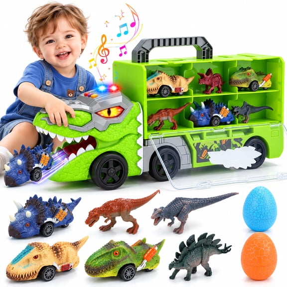 WonderStone Dinosaur Carrier Truck, Transport Vehicle with Light & Music, Pull-Back Dino Cars for Boys and Girls Ages 3-7