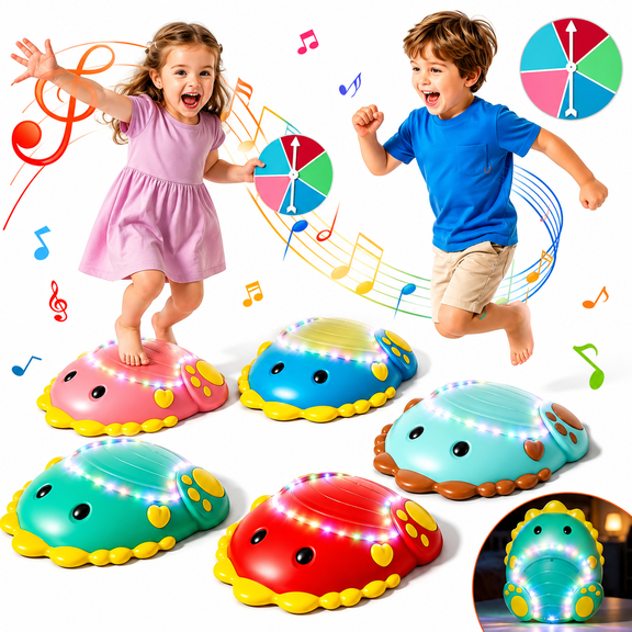 WonderStone Stepping Stones for Kids, Dinosaur 5 Pcs Stepping Stone Kit with Music and Lights, Non-Slip Balance Board Musical Sensory Toy, Indoor Outdoor Toys Gifts for Kids Ages 4–5