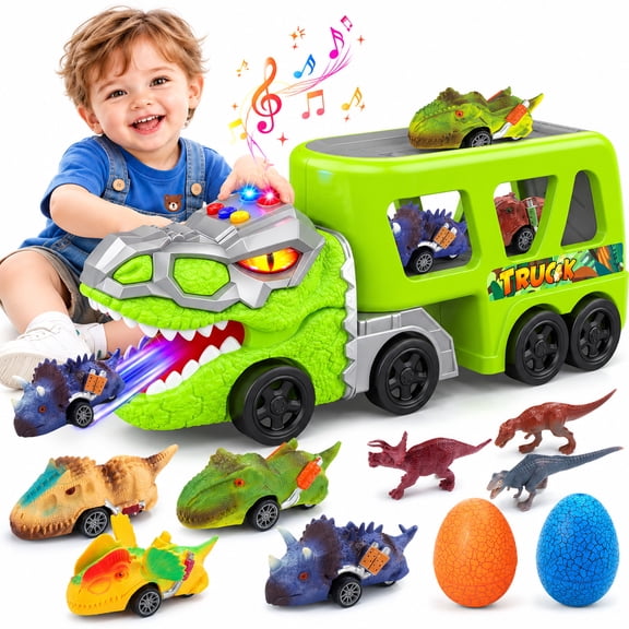 WonderStone Dinosaur Cage Carrier Truck, Transport Vehicle with Light & Music, Pull-Back Dino Cars for Boys and Girls Ages 3-7