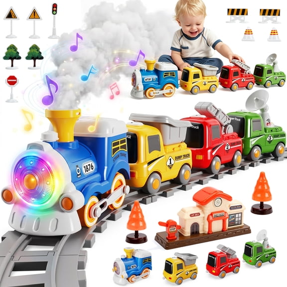 WonderStone Electric Train Set, Train Track Toys with Steam, Light-Up and Sound Effects, Magnetic Car Toys with 10 PCS Signposts, Christmas Birthday Gifts for Toddlers, Blue