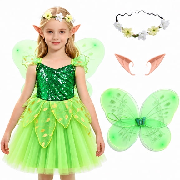 WonderStone Fairy Costume for Girls, Green Princess Dress-Up Set with Deluxe Accessories, Fancy Outfit for Birthday Parties, Kids & Toddlers Ages 5-6