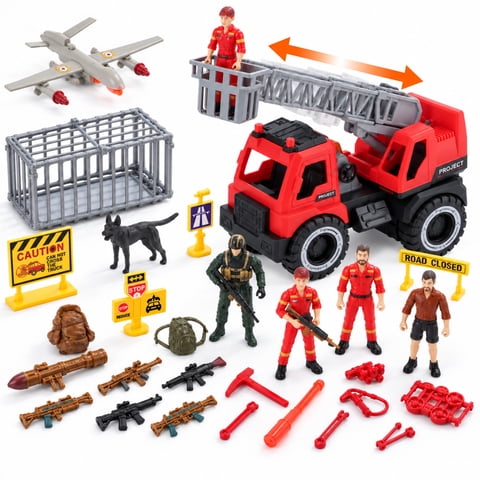 WonderStone Fire Truck Toy Set, Transport Vehicle with Mini Rescue Emergency Toys, Push-and-Go Toy Car, Gift for Boys and Toddlers Ages 3-8