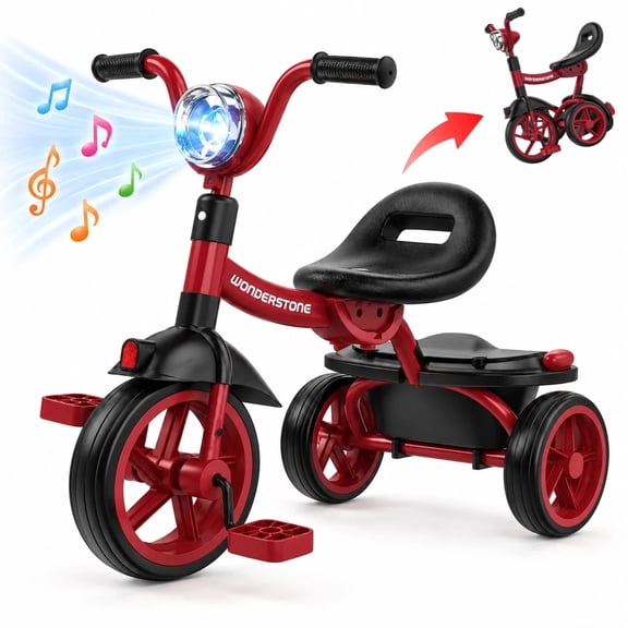 WonderStone Folding Toddler Tricycle, Kids Bike with Music & Light, Toddler Trike with Basket, Gifts & Toys for 2-5 Year Old Boys & Girls, Red