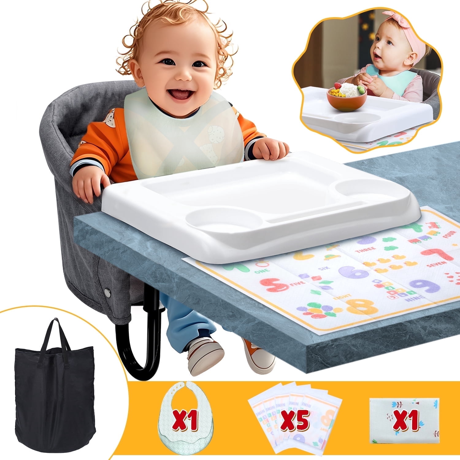 WonderStone Hook On Chair, Portable High Chair with Tray, Storage Bag & Free Accessories, Clip-On Table Chair for Baby and Toddler, Ideal for Home and Travel, Gray