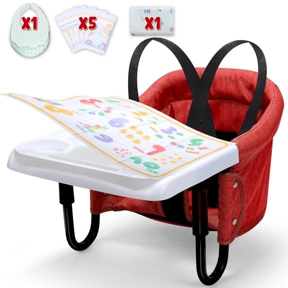 WonderStone Hook On Chair, Portable High Chair with Tray, Storage Bag & Free Accessories, Clip-On Table Chair for Baby and Toddler, Ideal for Home and Travel, Red