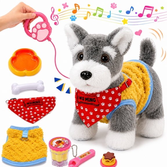 WonderStone Interactive Robot Dog with Leash ,Plush Puppy Toy with Recording & Singing, Walks, Barks, Wags Its Tail, Licks Tongue, Dress-Up Pet, Realistic Gift for Kids 3+,Schnauzer
