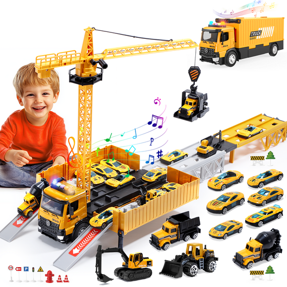 WonderStone Kids Construction Trucks Toys, Alloy Car Vehicles Set with Light and Sound, Dump Truck, Excavator, Crane, Concrete Truck for 3-7 Years Old Boys Thanksgiving Christmas Birthday Gifts