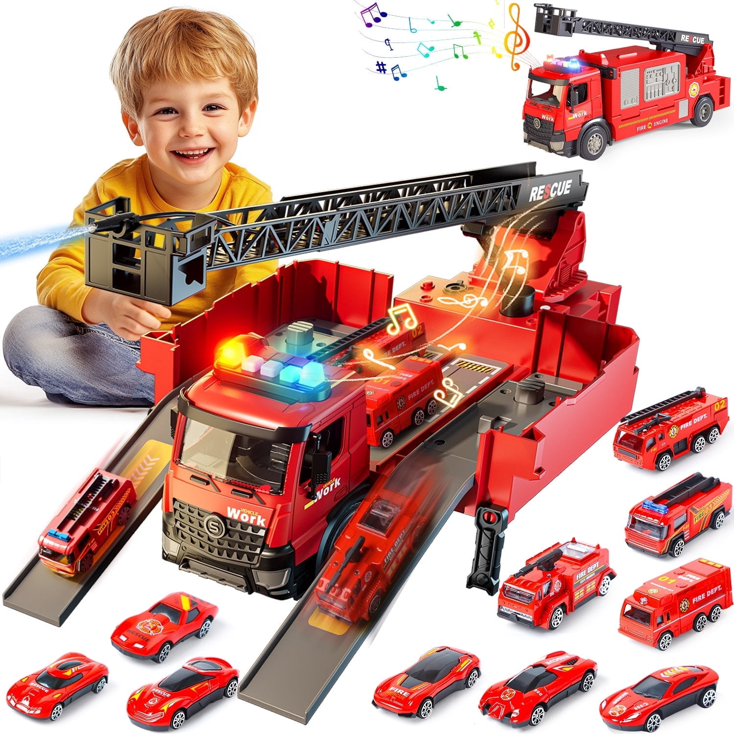 WonderStone Kids Fire Truck Toys, Alloy Deformable Cars with Light & Sound/ Extendable Aerial Ladder/ Working Water Pump, Fire Engine for 3-7 Years Old Boys Thanksgiving Christmas Birthday Gifts