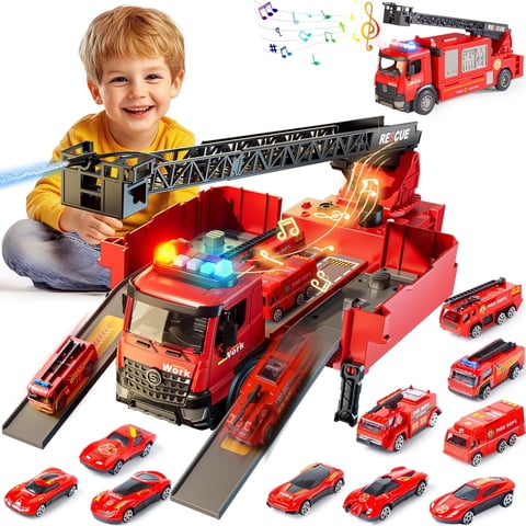WonderStone Kids Fire Truck Toys, Alloy Deformable Cars with Light & Sound/ Extendable Aerial Ladder/ Working Water Pump, Fire Engine for 3-7 Years Old Boys Thanksgiving Christmas Birthday Gifts