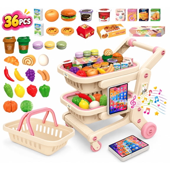 WonderStone Kids Shopping Cart with Learning Tablet, 2 Detachable Baskets, 33-PCS Pretend Play Food Set, Grocery Store Role Play Toy for Ages 3 , Pink