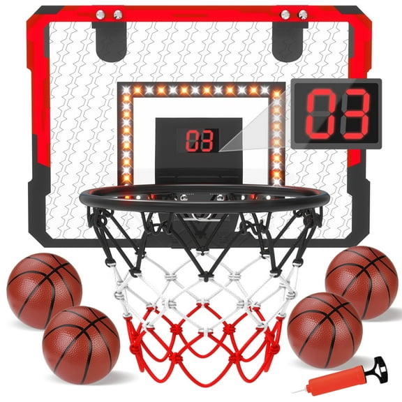 WonderStone LED Indoor Mini Basketball Hoop for Kids with Electronic Scoreboard, Wall Mount Basketball Hoop Toy with Foldable Rim, Birthday Gift for 5-13 Year Old Boys, Red