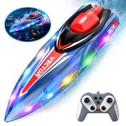 WonderStone Large RC Boat for Pools & Lakes, 2.4G Remote Control Boat with 7 LED Modes, Waterproof Racing Boat with 2 Rechargeable Batteries, Summer Toy for Adults & Kids (Blue)