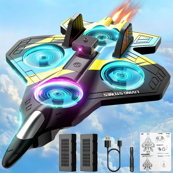 WonderStone Obstacle Avoidance RC Airplane, Foam Remote Control Jet with LED Lights & 2 Modular Batteries, 2.4GHz RC Helicopter Toy Plane Gift for Kids Ages 8–12，Yellow