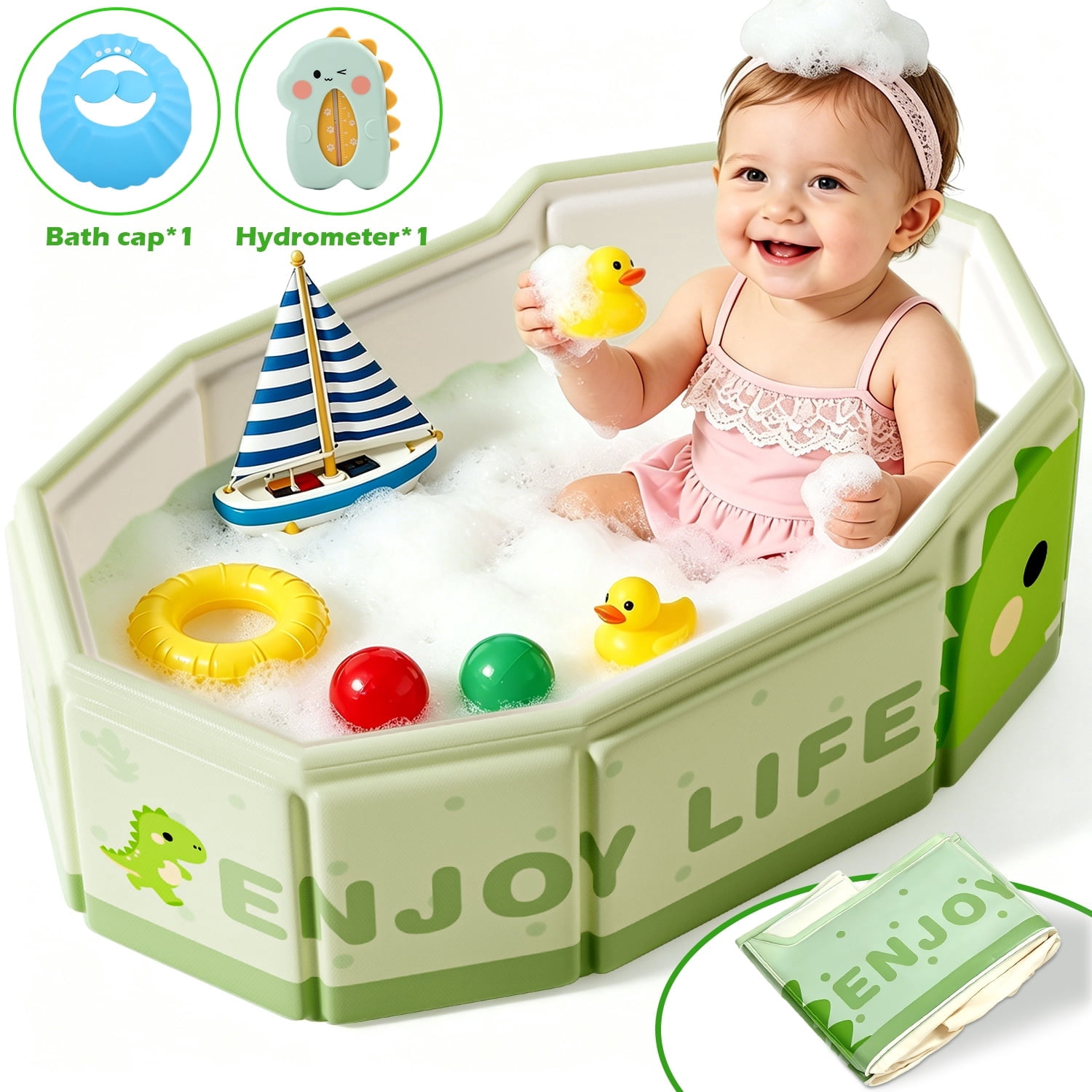 Wonderstone Portable Foldable Bathtub, Collapsible Baby Shower Tub with Drainage Design, Beach Vacation Travel Essentials for 1-3 Kids Toddler (Green)
