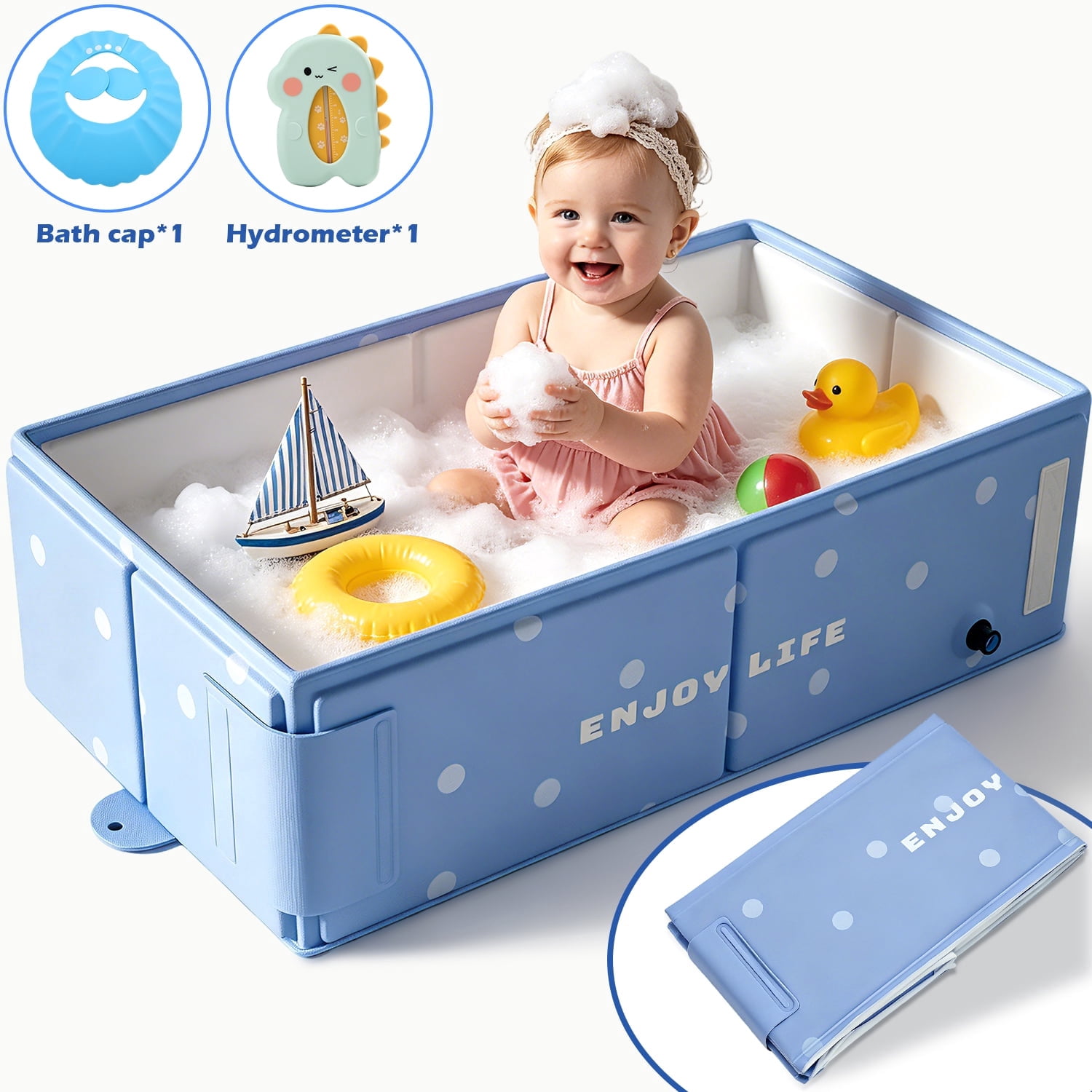 Wonderstone Portable Foldable Bathtub, Rectangle Baby Shower Tub with Drainage Design, Beach Vacation Travel Essentials for 1-3 Kids Toddler (Blue)