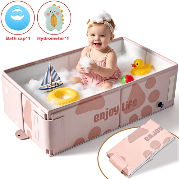 Wonderstone Portable Foldable Bathtub, Rectangle Baby Shower Tub with Drainage Design, Beach Vacation Travel Essentials for 1-3 Kids Toddler (Pink)