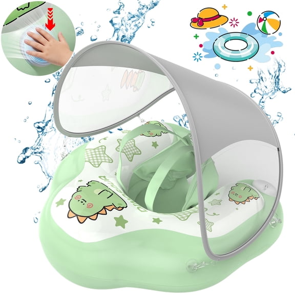 WonderStone Kid Pool Float with Canopy, Inflatable Swimming Float with Safety Seat, Water Toy for Kids Ages 1-5, Pool & Beach Toy for Boys and Girls, Green