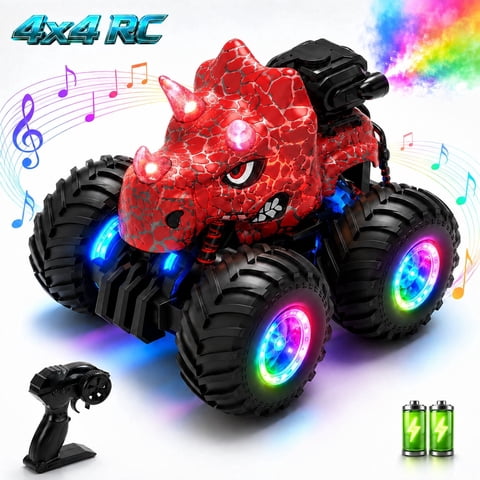 WonderStone Remote Control Car, 2.4GHz Dinosaur Monster Truck Toy with Light Spray, All-Terrain RC Car with Music, Toddler Toy for Boys and Girls Ages 3+, Red