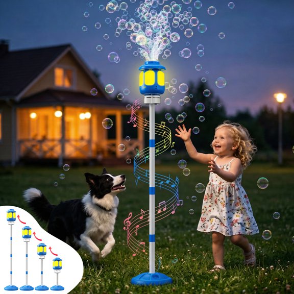 WonderStone Lamp Bubble Machine, Bubble Blower and Wand with Music & Lights, Equipped with 180 ml Bubble Solution and 4 Adjustable Heights, Summer Outdoor Toys for Toddlers, Blue
