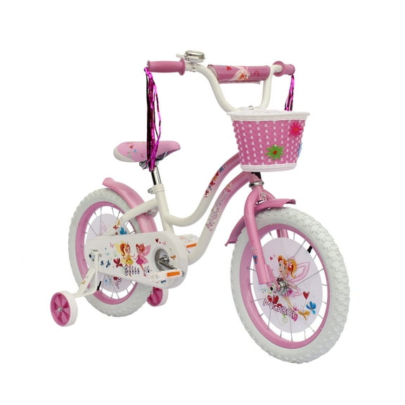 WonderWheels 16" Cruiser Steel Frame Bicycle Coaster Brake One Piece Crank, White Full Cover Chain Guard, Baby Blue Basket, Fenders & Rims, White Tire Kid's Bike - White/Pink