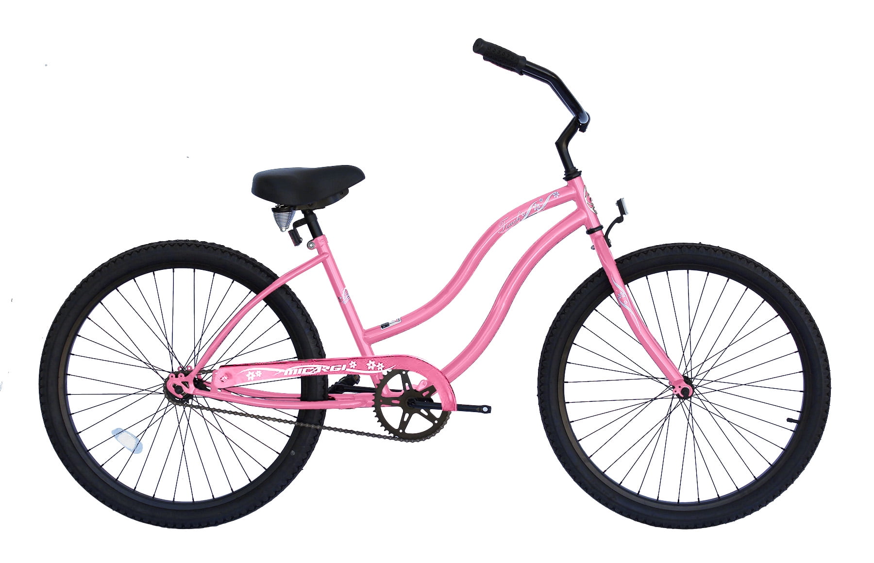 WonderWheels 26" Beach Cruiser Coaster Brake Single Speed Black Spokes One Piece Crank Alloy Black Rims 36H - Pink