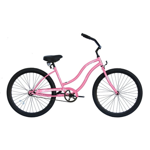 WonderWheels 26" Beach Cruiser Coaster Brake Single Speed Black Spokes One Piece Crank Alloy Black Rims 36H - Pink