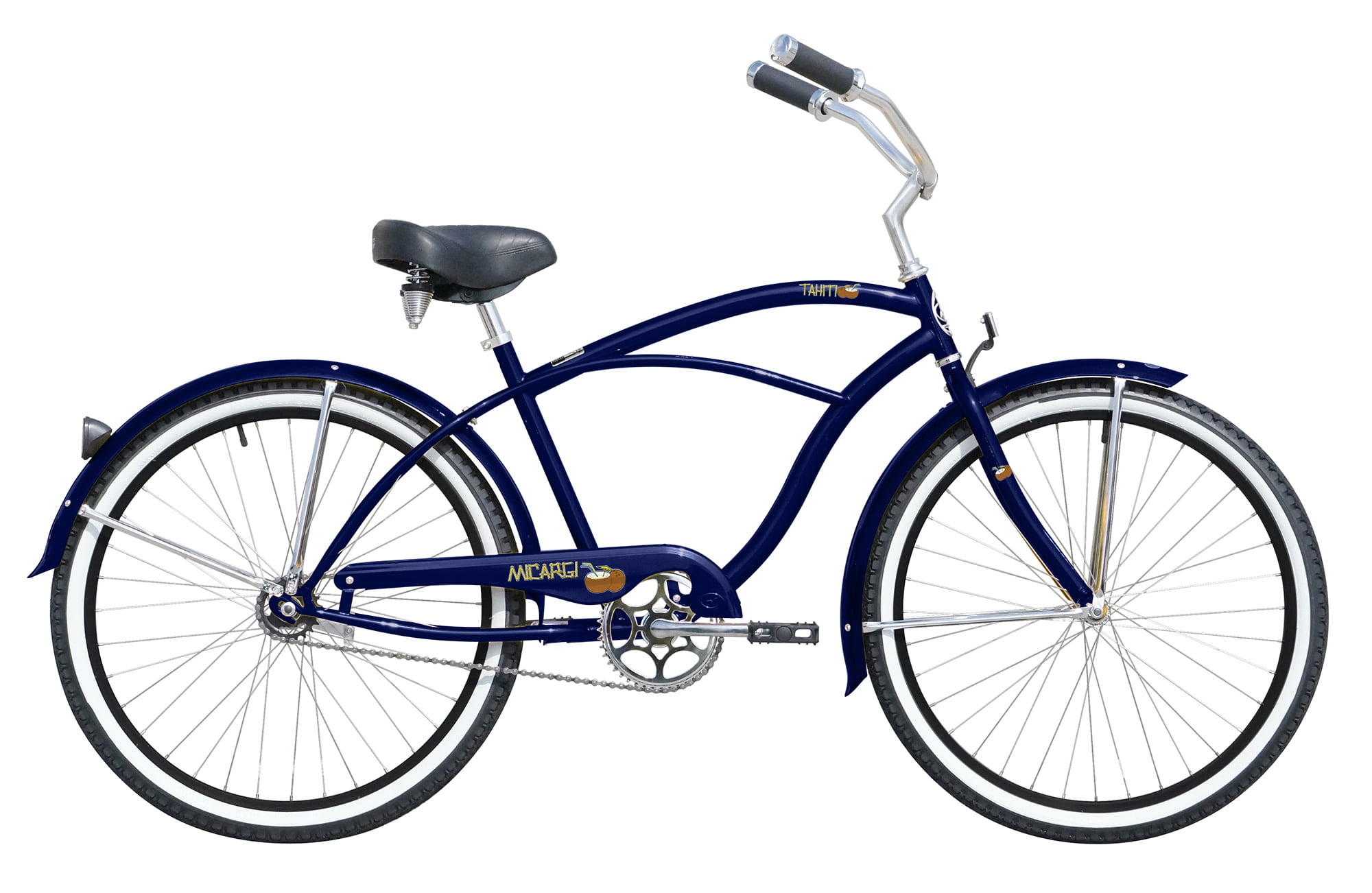WonderWheels 26" Beach Cruiser Coaster Brake Stainless Steel Spokes One Piece Crank Alloy Black Rims 36H White Wall Tire W/ Fenders - Dark Blue/Black